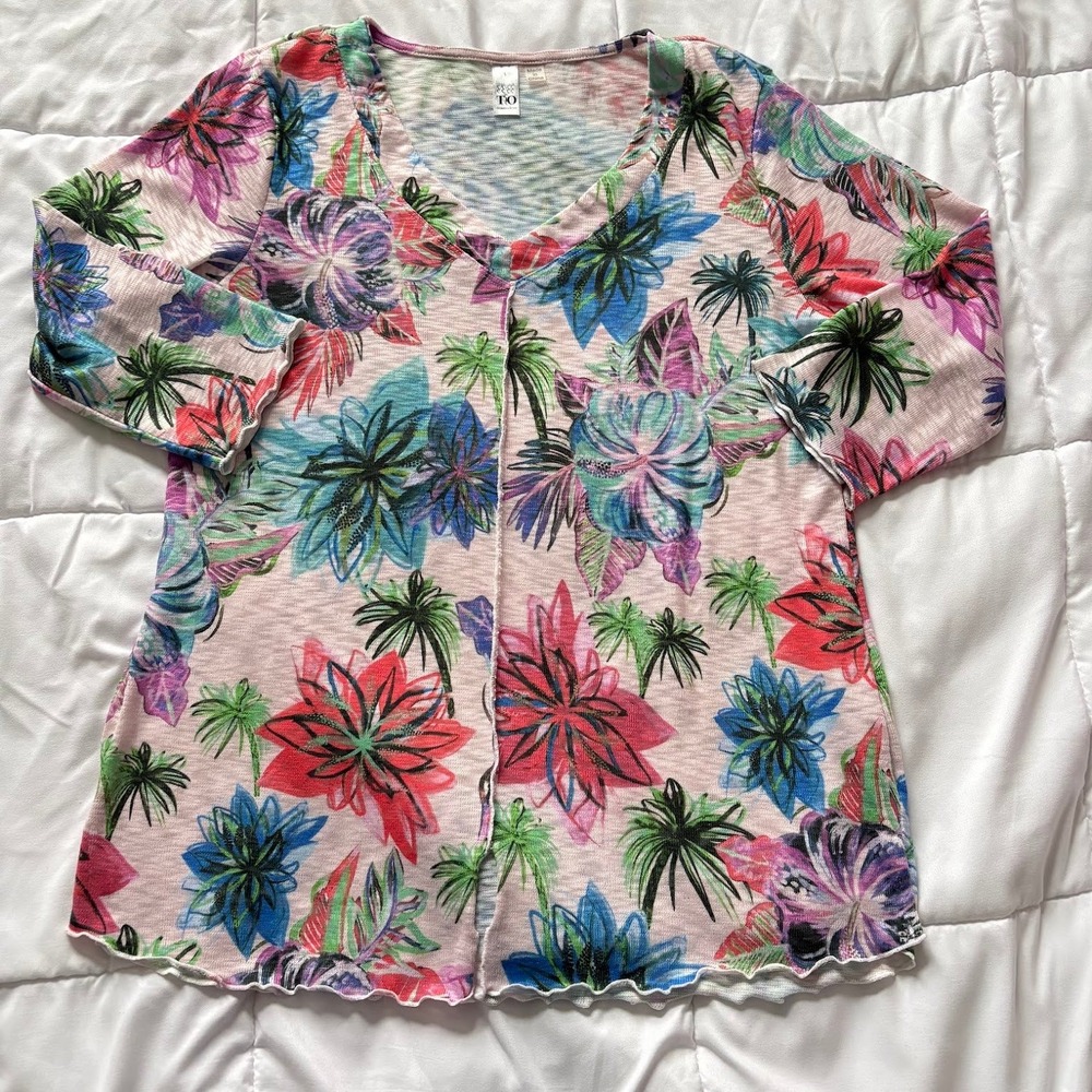 Thomas & Olivia Tropical Floral Palm Print V-Neck Top Pink Blue Large Resortwear